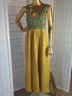 NATURAL LIFE Tricia Gauze Yellow Maxi Dress with Green Floral Bodice